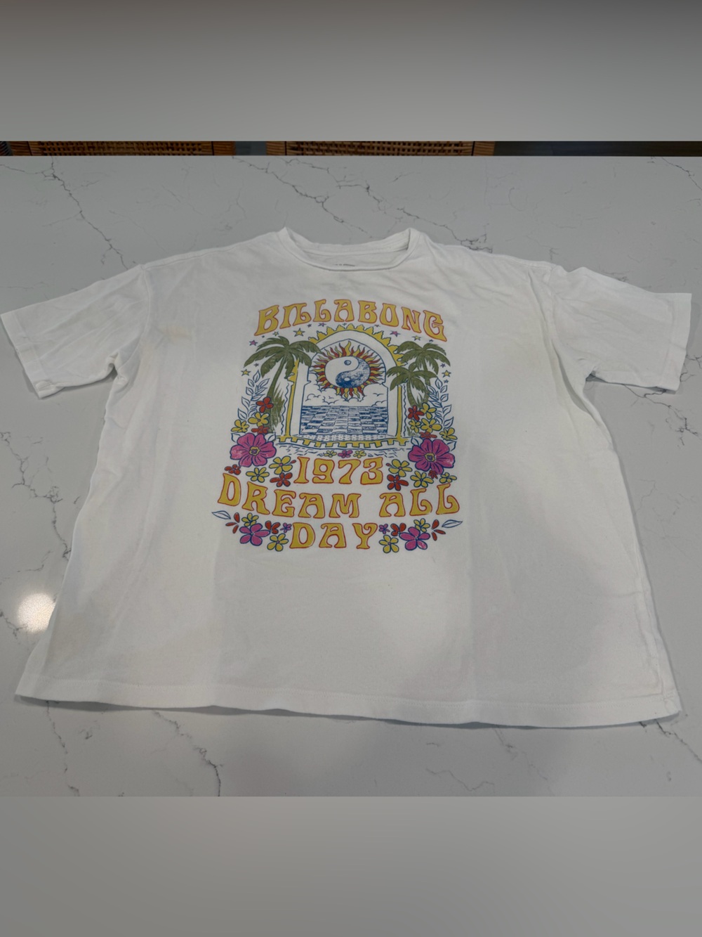 Billabong White Oversized Graphic Tee Women’s Small with Yellow & Pink Accents